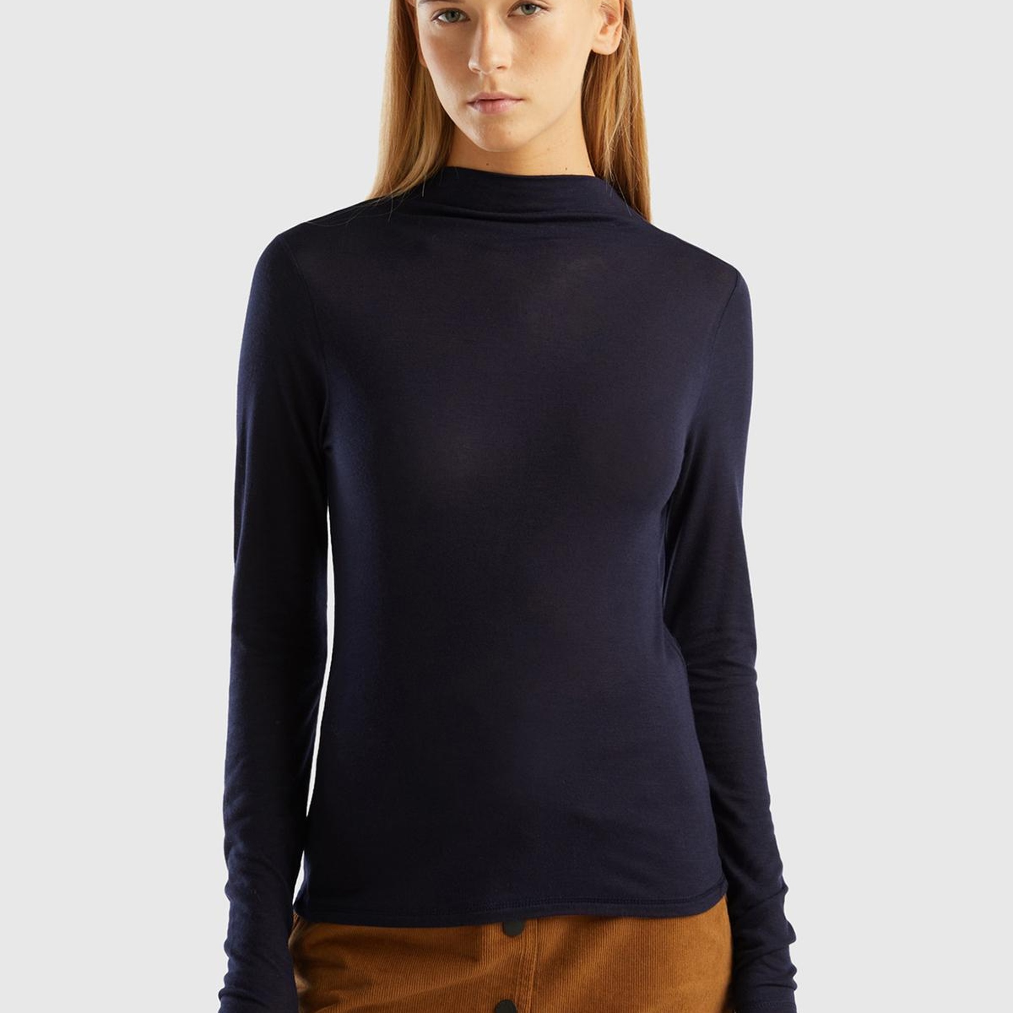 Kadın Lacivert Viskoz/Yün Karışımlı Uzun Kollu Yarım Balıkçı T-Shirt