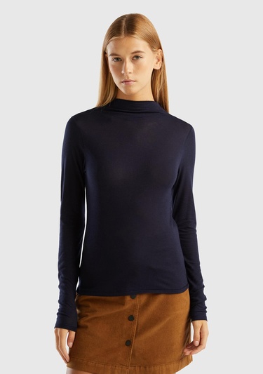 Kadın Lacivert Viskoz/Yün Karışımlı Uzun Kollu Yarım Balıkçı T-Shirt