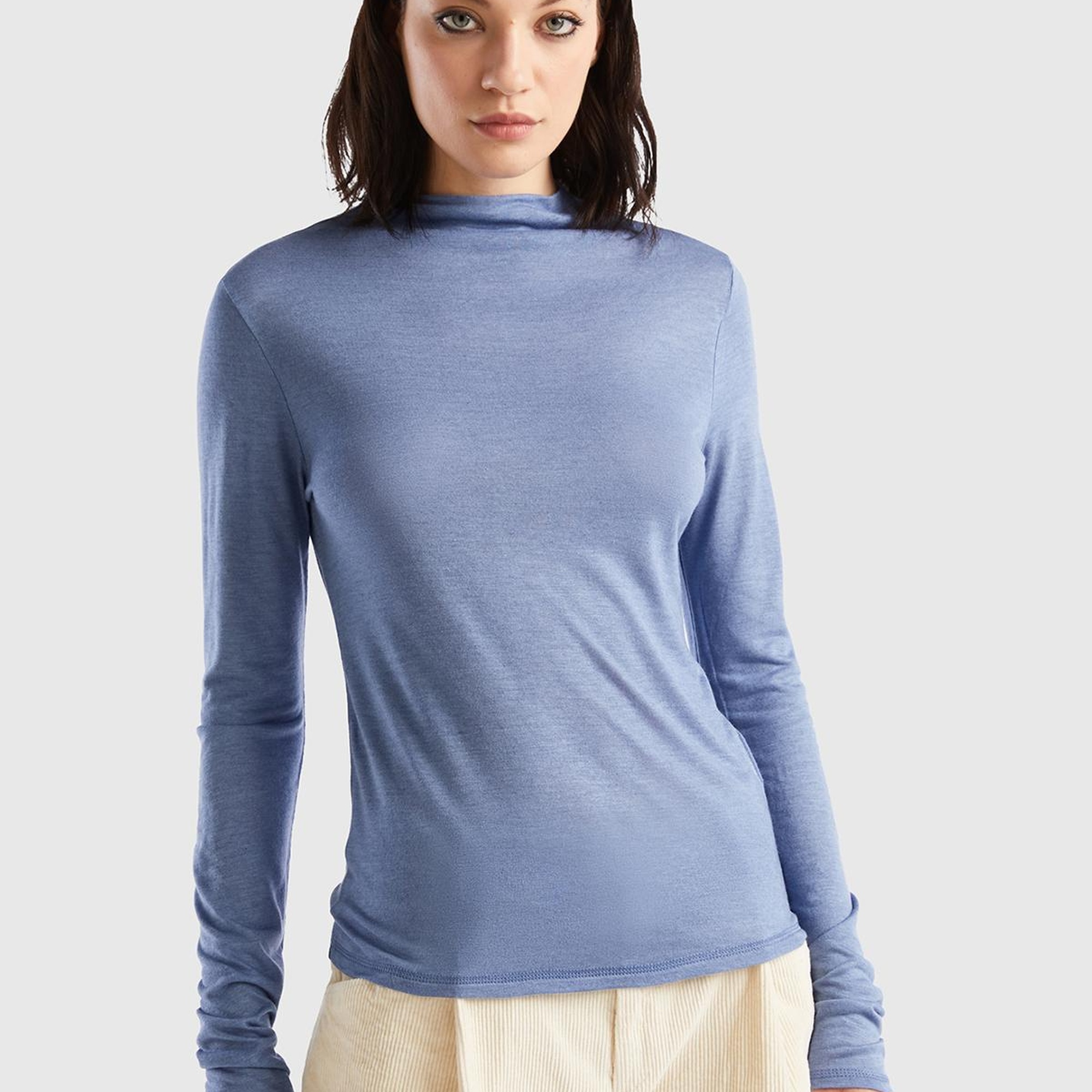 Kadın Havacı Mavi Viskoz/Yün Karışımlı Uzun Kollu Yarım Balıkçı T-Shirt