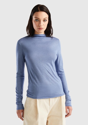  Kadın Havacı Mavi Viskoz/Yün Karışımlı Uzun Kollu Yarım Balıkçı T-Shirt