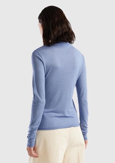  Kadın Havacı Mavi Viskoz/Yün Karışımlı Uzun Kollu Yarım Balıkçı T-Shirt