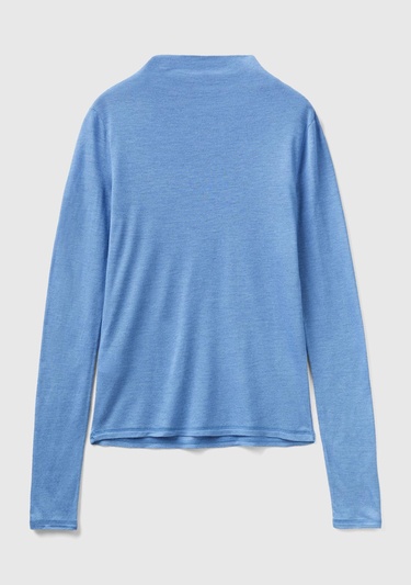  Kadın Havacı Mavi Viskoz/Yün Karışımlı Uzun Kollu Yarım Balıkçı T-Shirt