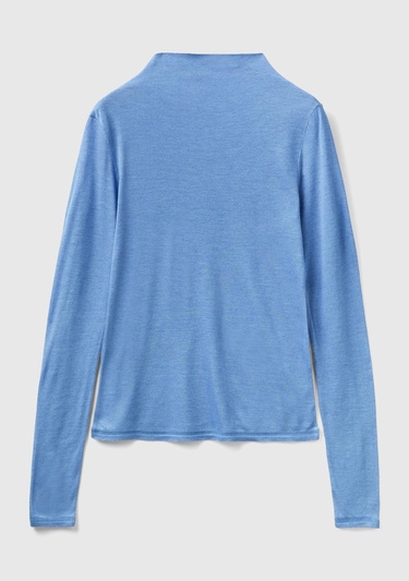  Kadın Havacı Mavi Viskoz/Yün Karışımlı Uzun Kollu Yarım Balıkçı T-Shirt