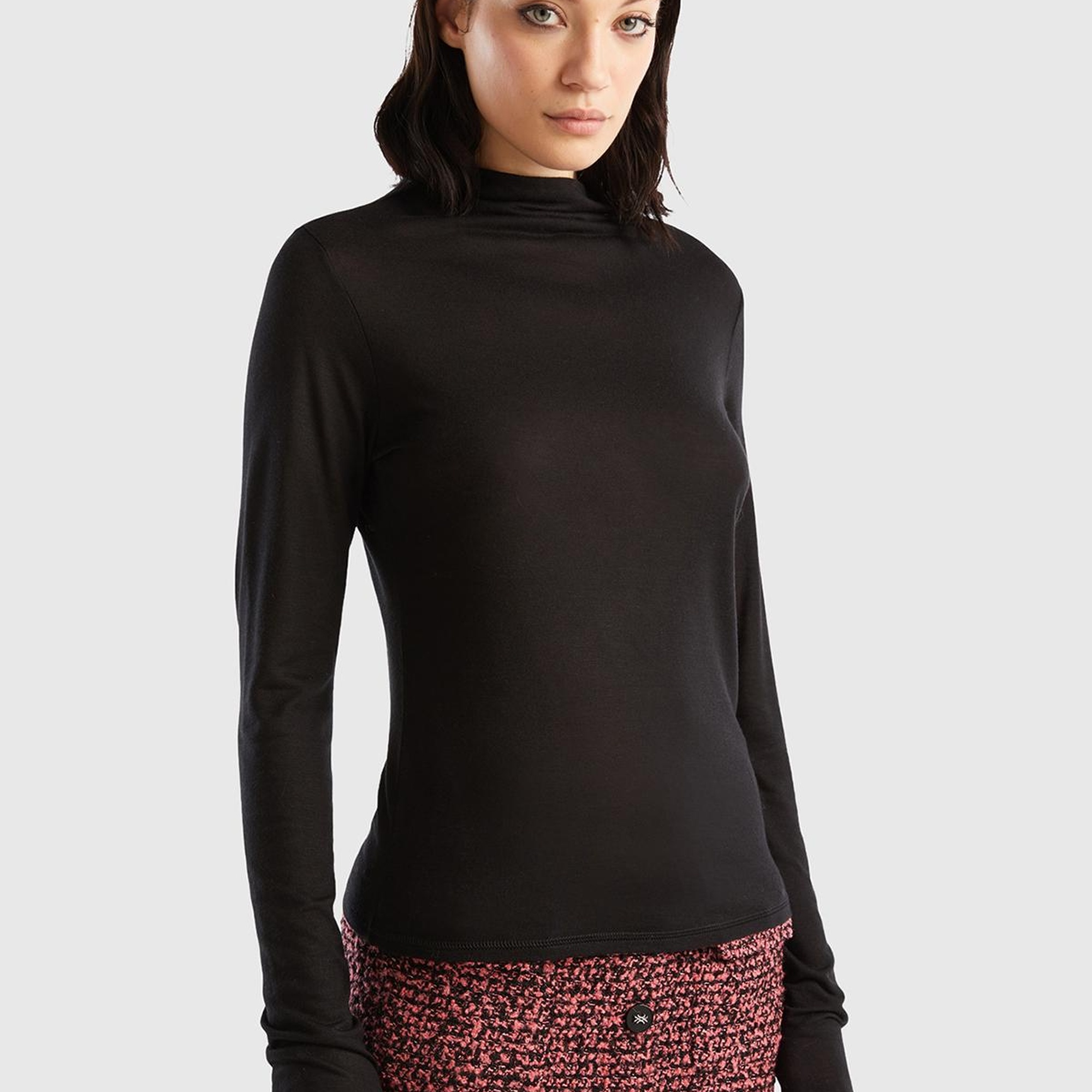 Kadın Siyah Viskoz/Yün Karışımlı Uzun Kollu Yarım Balıkçı T-Shirt