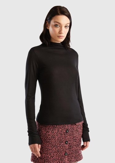  Kadın Siyah Viskoz/Yün Karışımlı Uzun Kollu Yarım Balıkçı T-Shirt