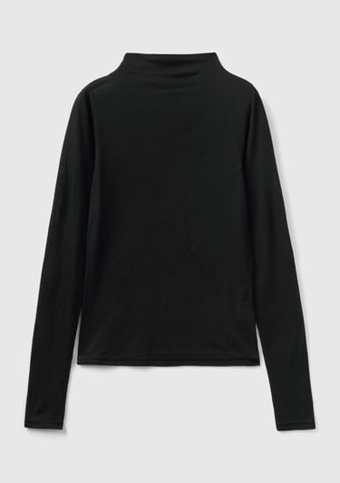  Kadın Siyah Viskoz/Yün Karışımlı Uzun Kollu Yarım Balıkçı T-Shirt