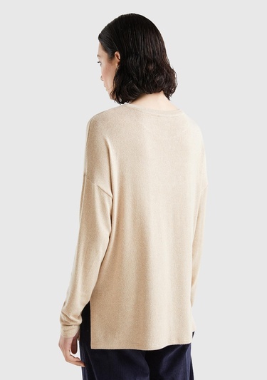  Kadın Ekru Uzun Kollu Viskoz T-Shirt