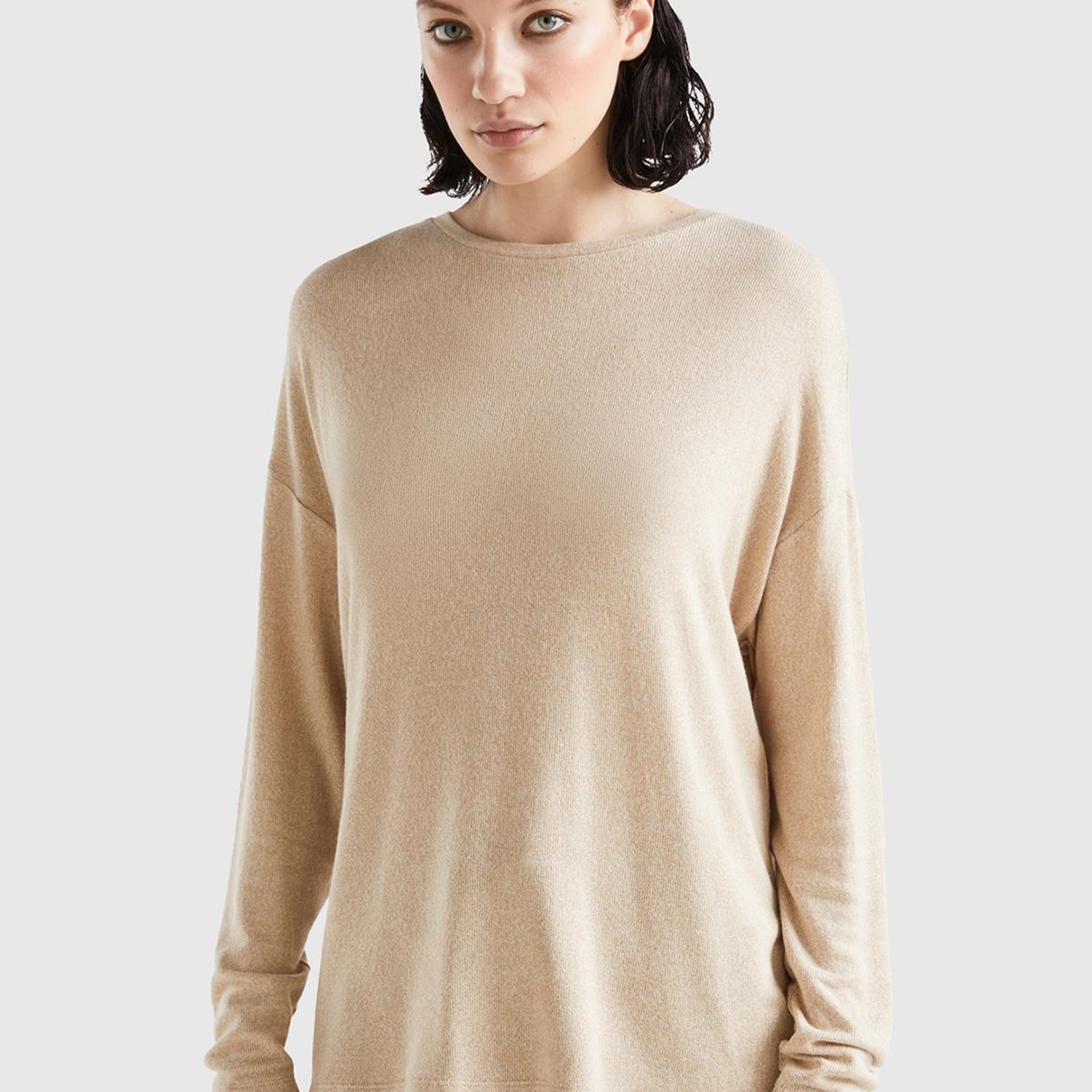 Kadın Ekru Uzun Kollu Viskoz T-Shirt