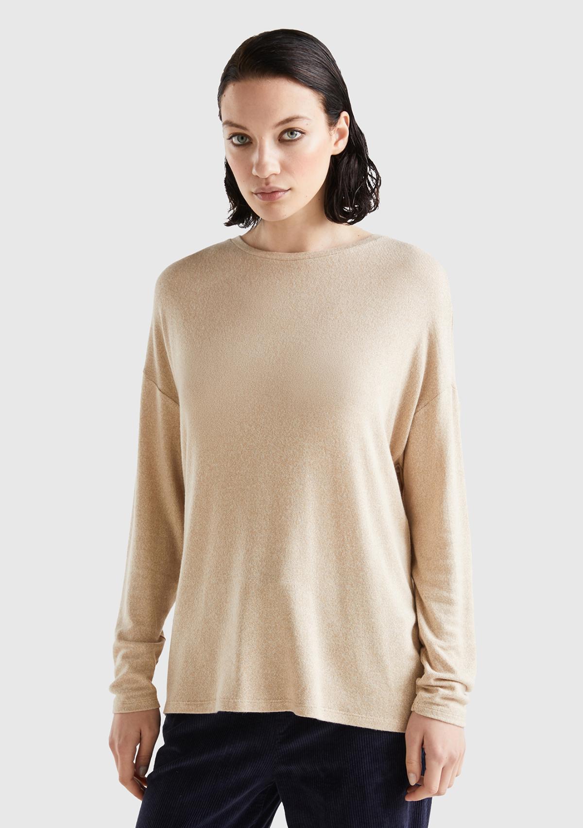  Kadın Ekru Uzun Kollu Viskoz T-Shirt