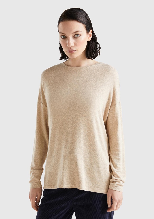  Kadın Ekru Uzun Kollu Viskoz T-Shirt