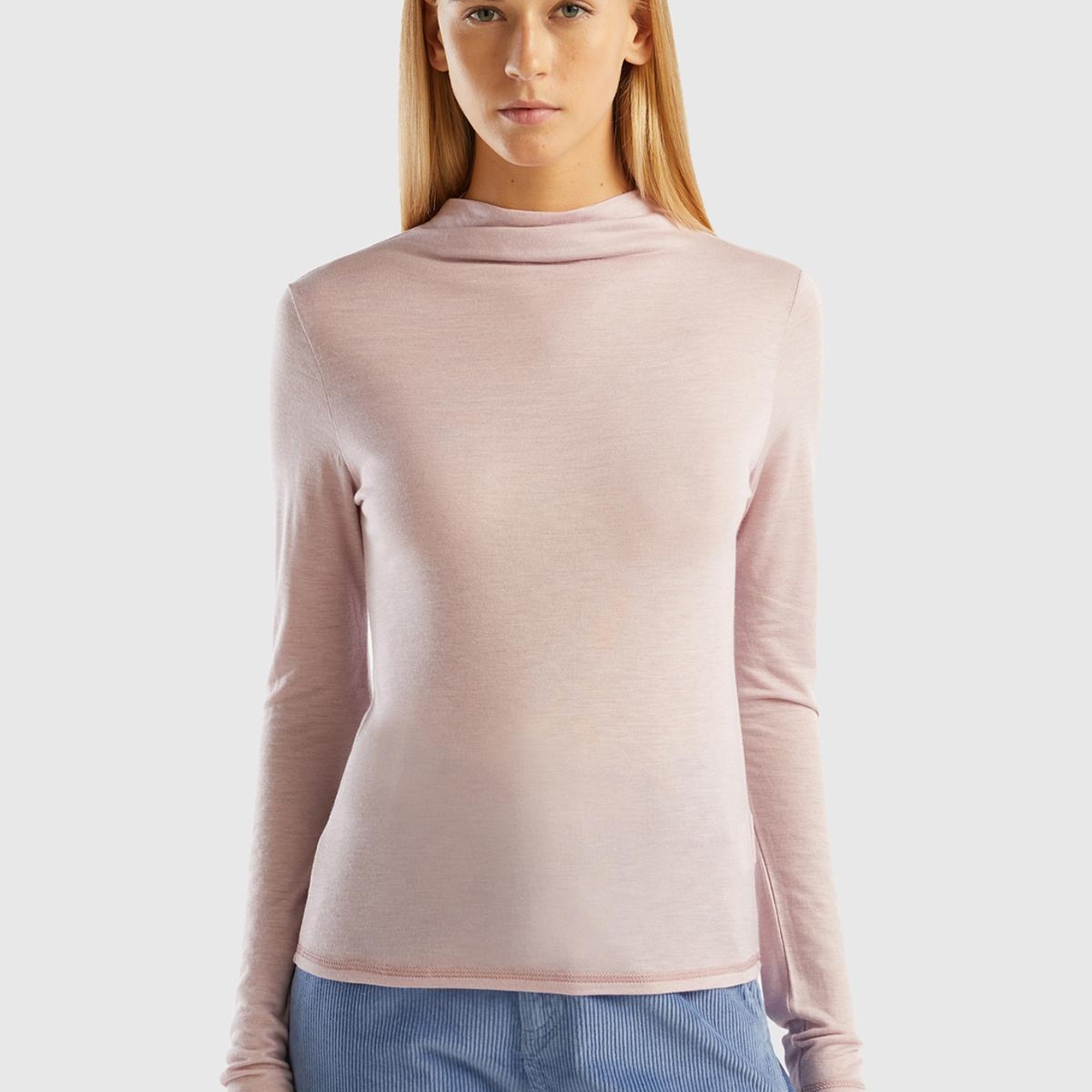 Kadın Gül Kurusu Viskoz/Yün Karışımlı Uzun Kollu Yarım Balıkçı T-Shirt