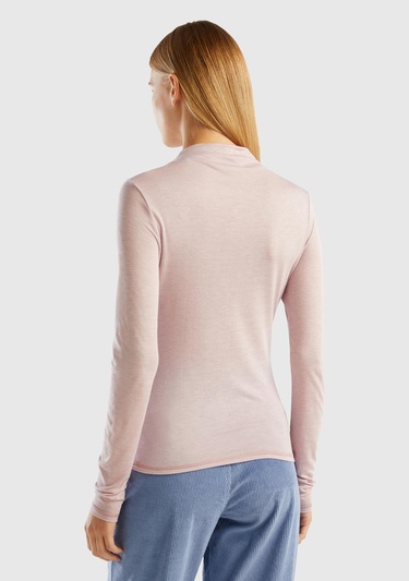  Kadın Gül Kurusu Viskoz/Yün Karışımlı Uzun Kollu Yarım Balıkçı T-Shirt