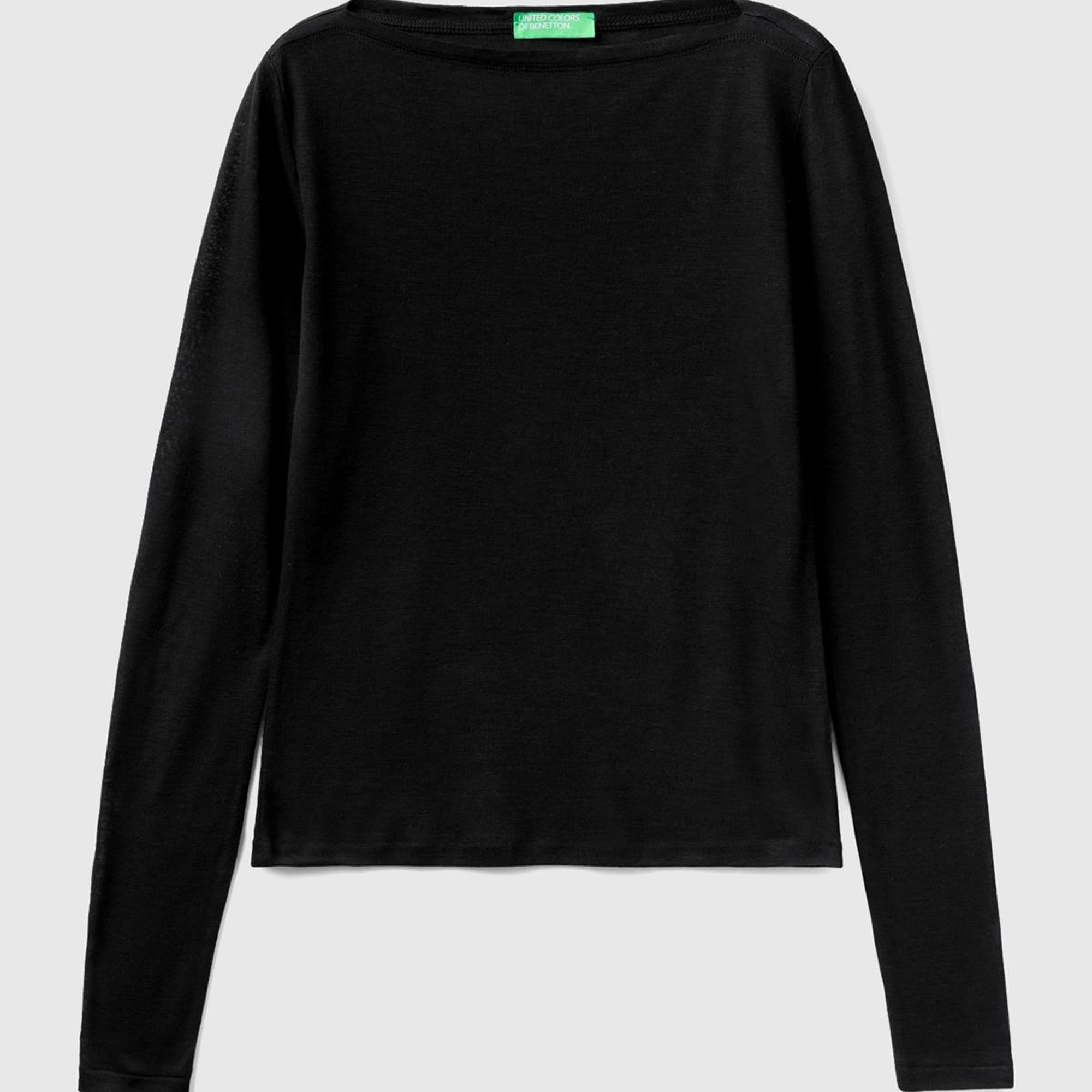 Kadın Siyah Viskoz/Yün Karışımlı Uzun Kollu Kayık Yaka T-Shirt