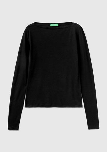  Kadın Siyah Viskoz/Yün Karışımlı Uzun Kollu Kayık Yaka T-Shirt