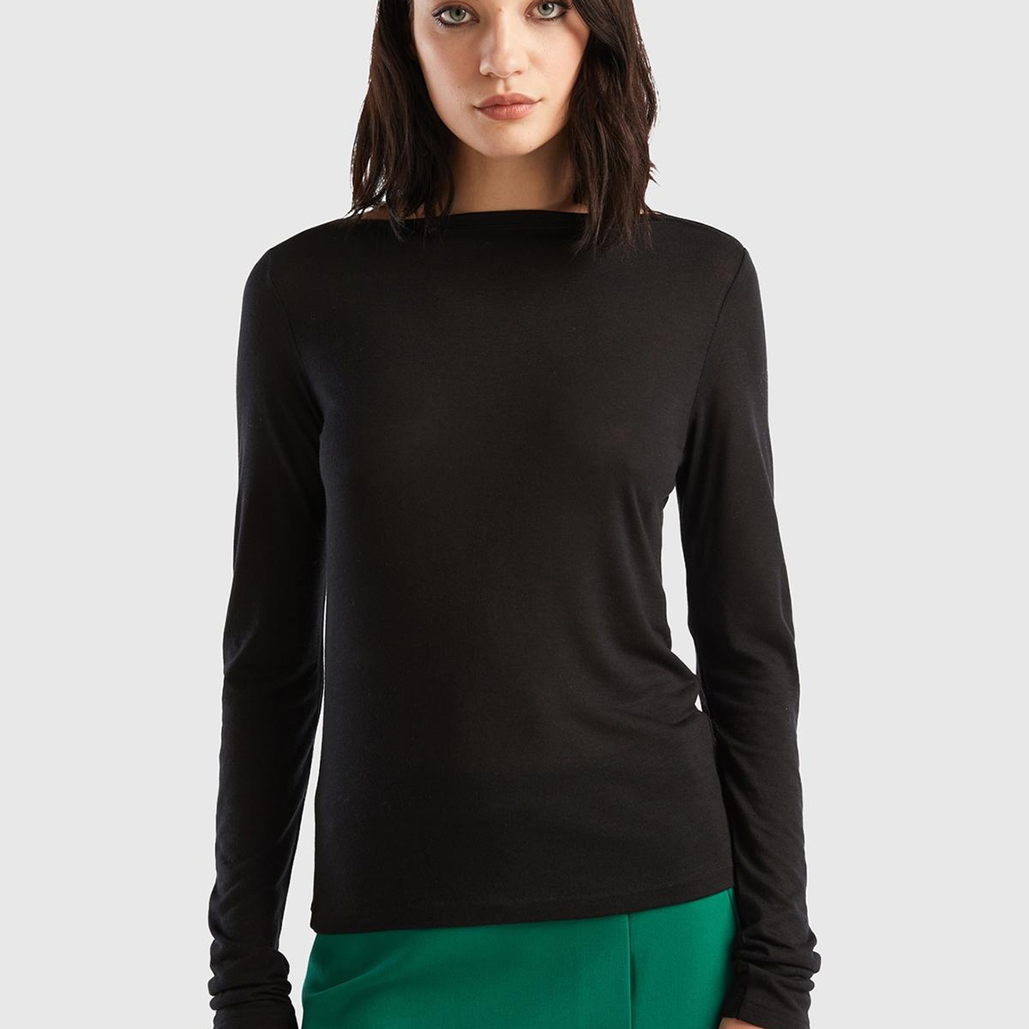 Kadın Siyah Viskoz/Yün Karışımlı Uzun Kollu Kayık Yaka T-Shirt