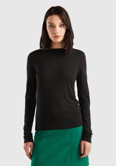  Kadın Siyah Viskoz/Yün Karışımlı Uzun Kollu Kayık Yaka T-Shirt