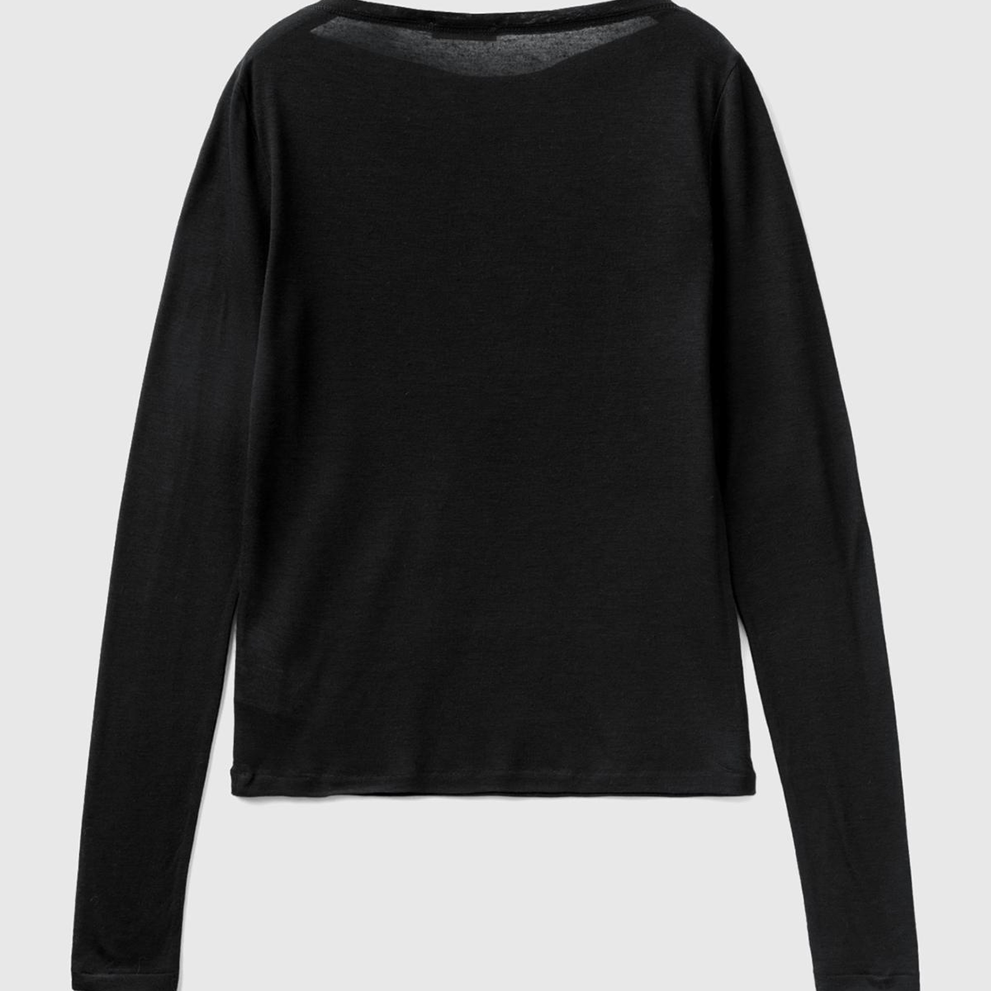 Kadın Siyah Viskoz/Yün Karışımlı Uzun Kollu Kayık Yaka T-Shirt