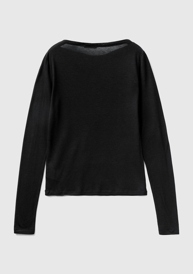  Kadın Siyah Viskoz/Yün Karışımlı Uzun Kollu Kayık Yaka T-Shirt