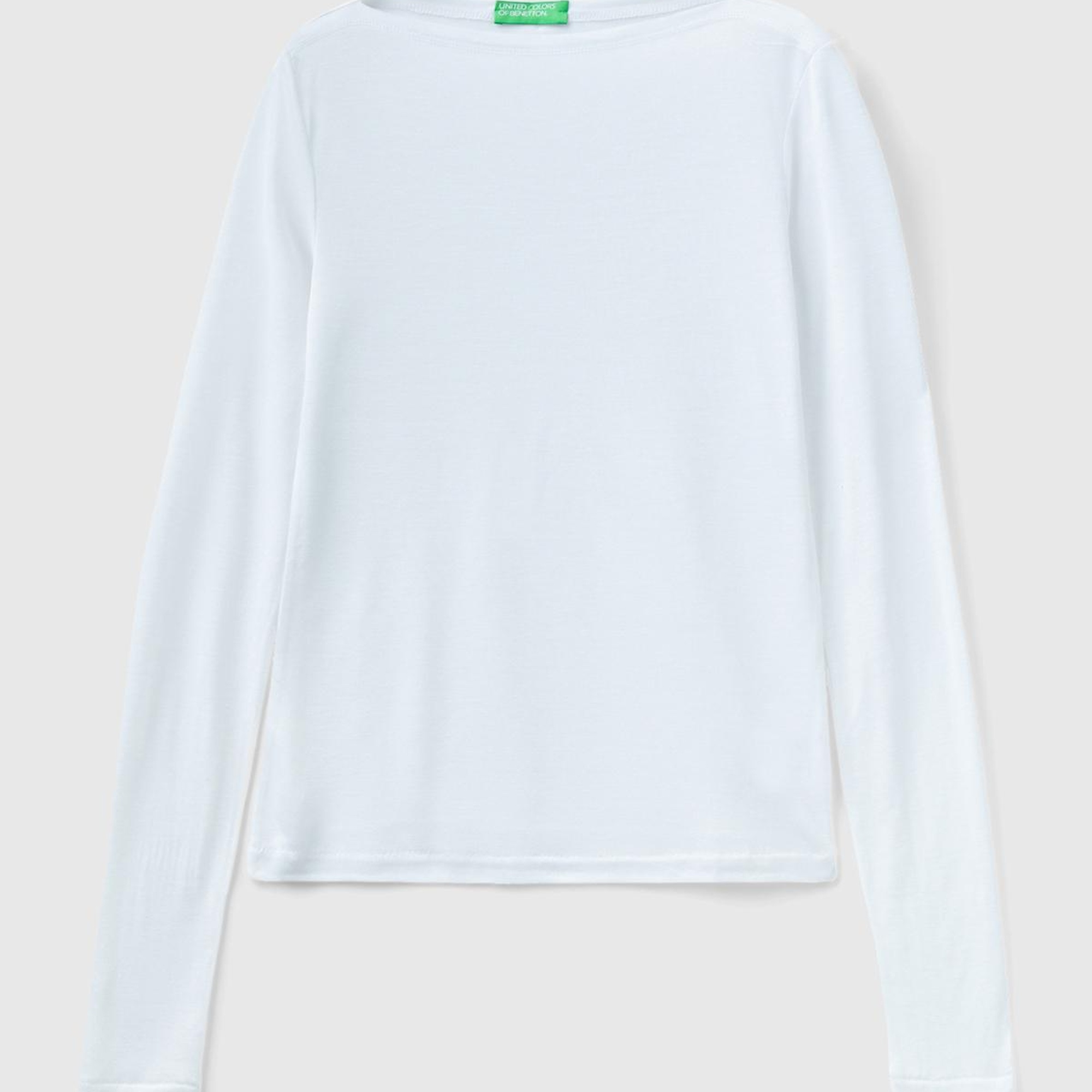 Kadın Beyaz Viskoz/Yün Karışımlı Uzun Kollu Kayık Yaka T-Shirt