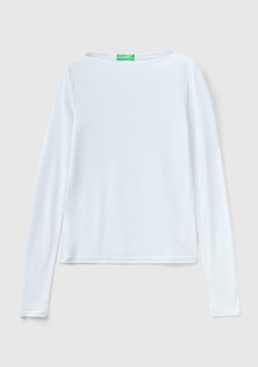  Kadın Beyaz Viskoz/Yün Karışımlı Uzun Kollu Kayık Yaka T-Shirt