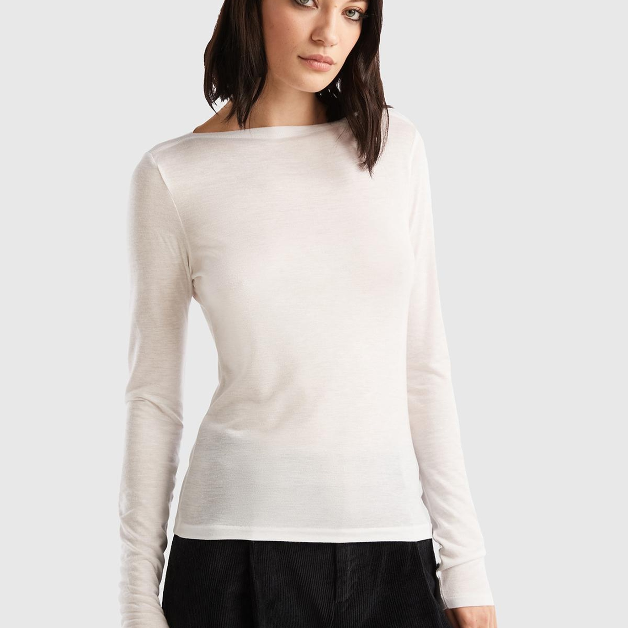 Kadın Beyaz Viskoz/Yün Karışımlı Uzun Kollu Kayık Yaka T-Shirt