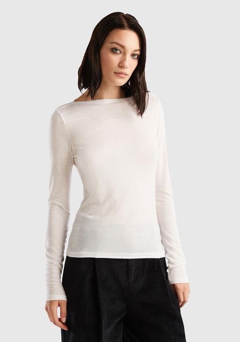 Kadın Beyaz Viskoz/Yün Karışımlı Uzun Kollu Kayık Yaka T-Shirt