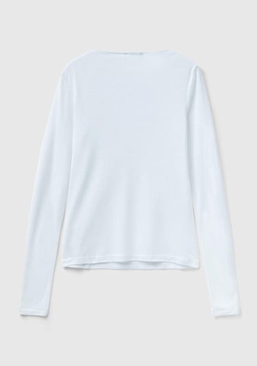  Kadın Beyaz Viskoz/Yün Karışımlı Uzun Kollu Kayık Yaka T-Shirt