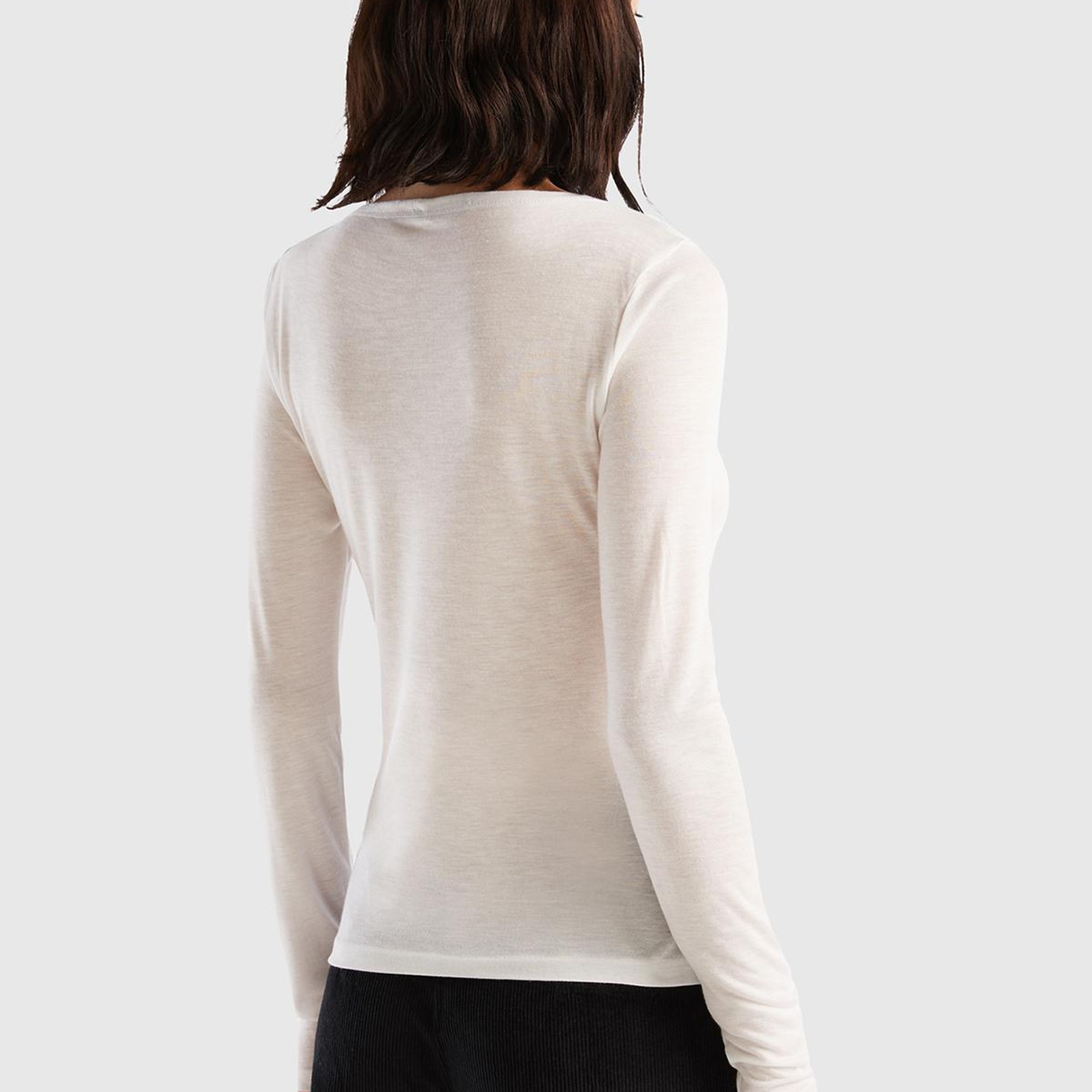 Kadın Beyaz Viskoz/Yün Karışımlı Uzun Kollu Kayık Yaka T-Shirt