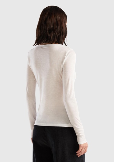  Kadın Beyaz Viskoz/Yün Karışımlı Uzun Kollu Kayık Yaka T-Shirt
