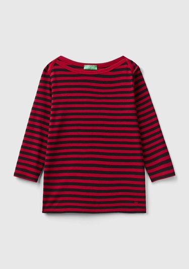  Kadın Bordo Truvakar Kol Çizgili Tshirt