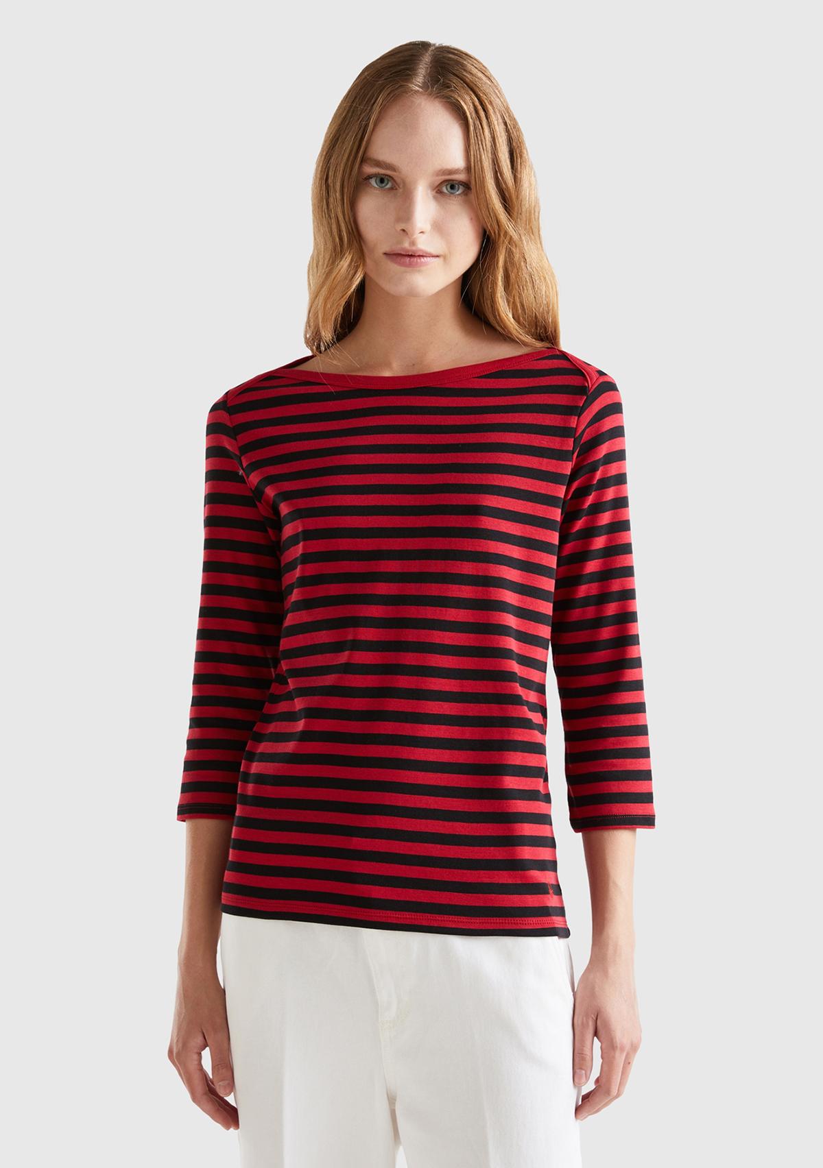  Kadın Bordo Truvakar Kol Çizgili Tshirt