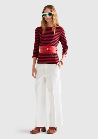  Kadın Bordo Truvakar Kol Çizgili Tshirt