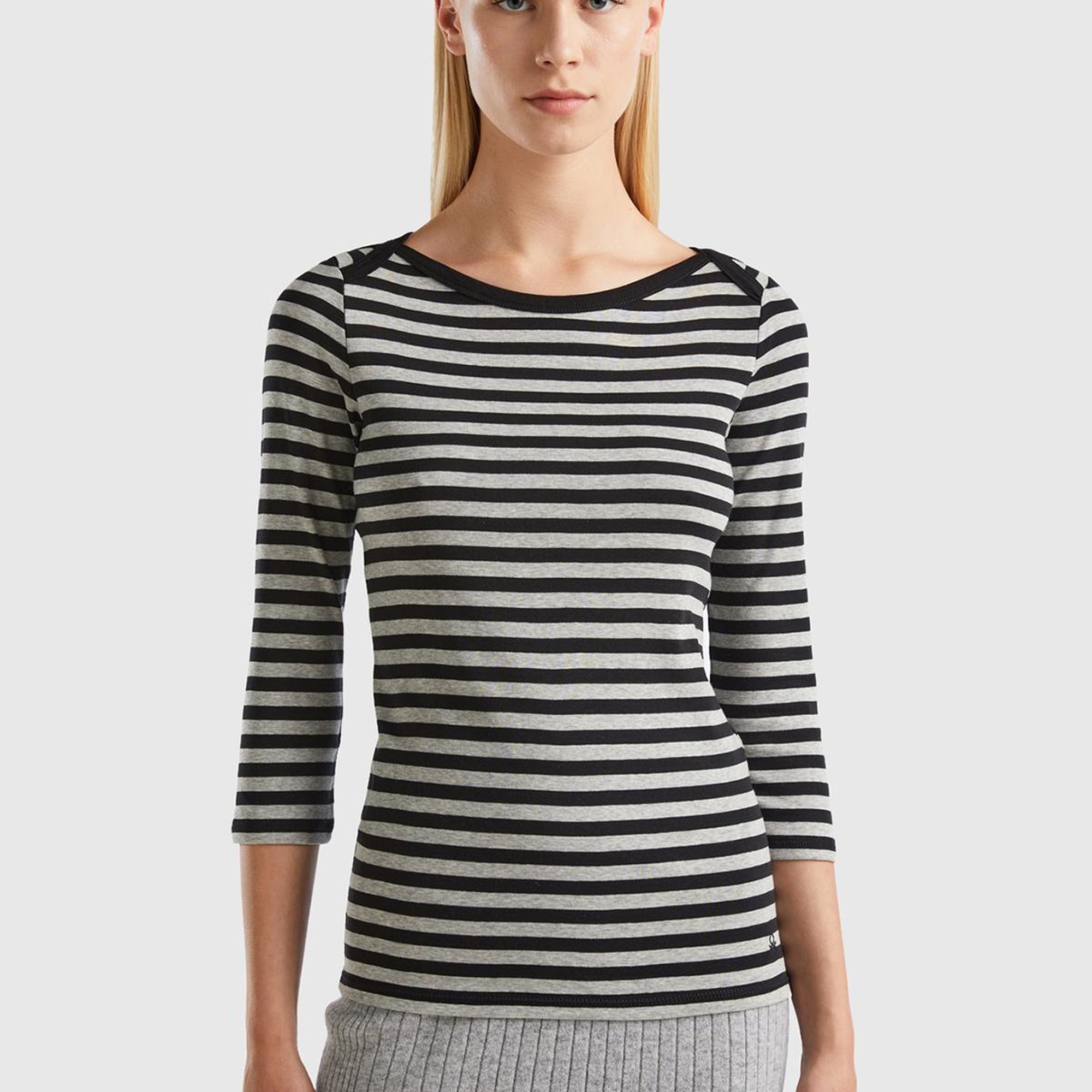 Kadın Siyah-Gri Truvakar Kol Çizgili Tshirt