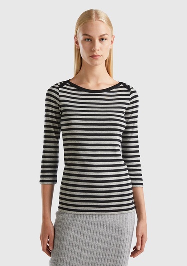  Kadın Siyah-Gri Truvakar Kol Çizgili Tshirt