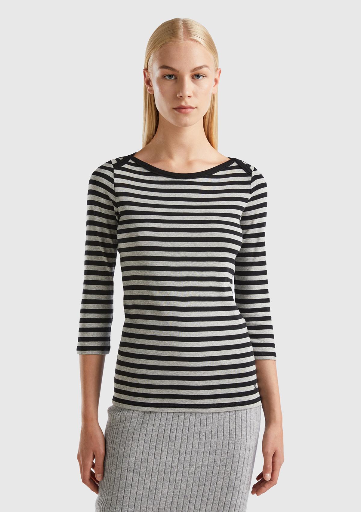  Kadın Siyah-Gri Truvakar Kol Çizgili Tshirt