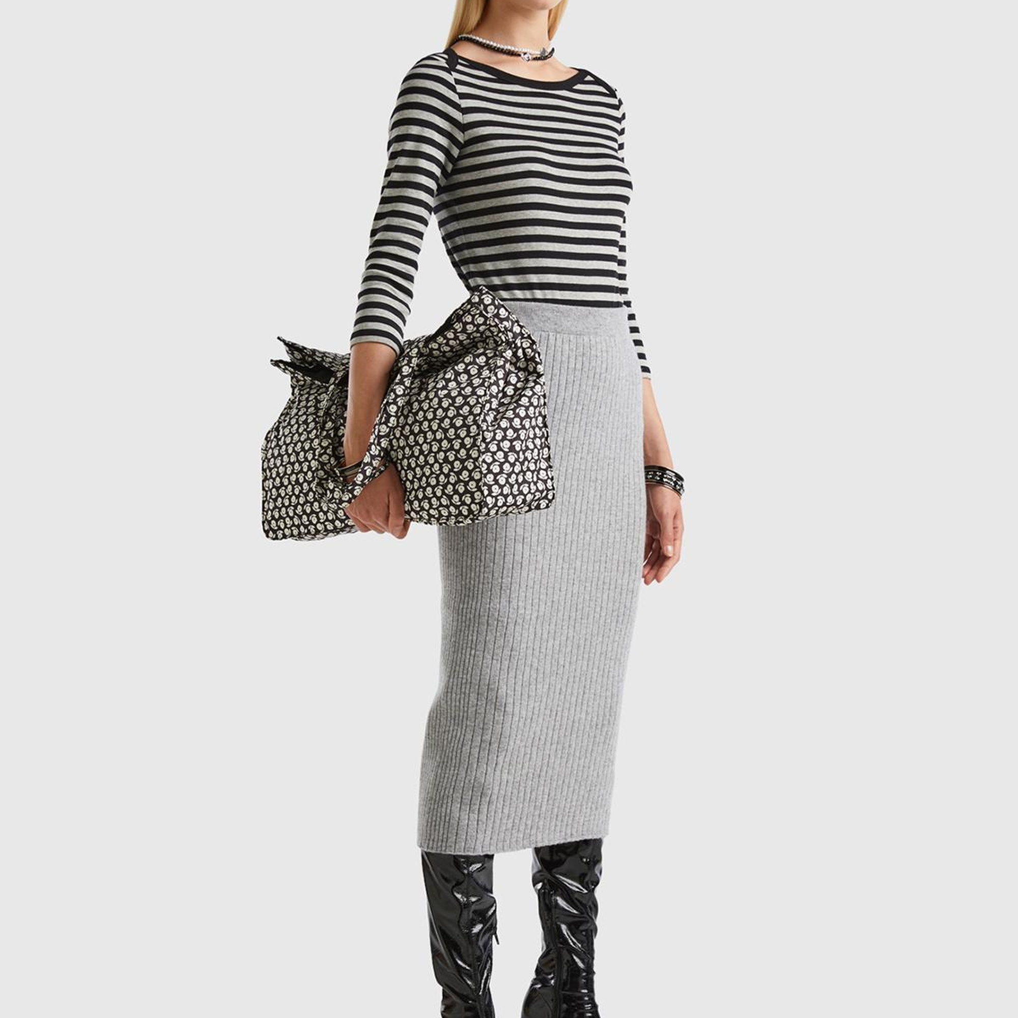 Kadın Siyah-Gri Truvakar Kol Çizgili Tshirt