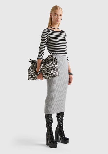  Kadın Siyah-Gri Truvakar Kol Çizgili Tshirt