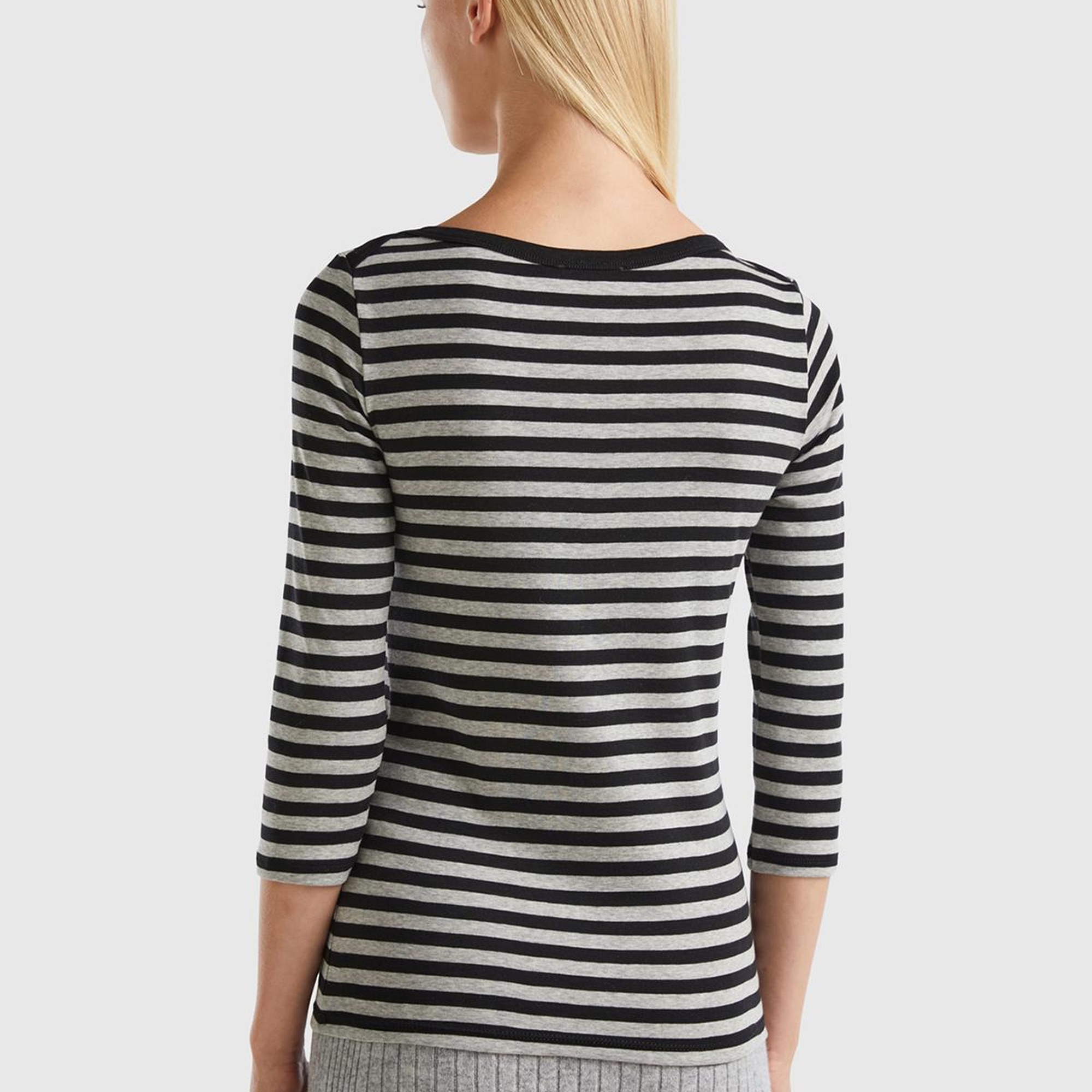 Kadın Siyah-Gri Truvakar Kol Çizgili Tshirt