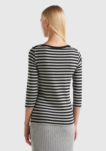  Kadın Siyah-Gri Truvakar Kol Çizgili Tshirt