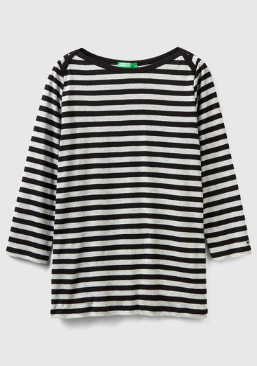  Kadın Siyah-Gri Truvakar Kol Çizgili Tshirt