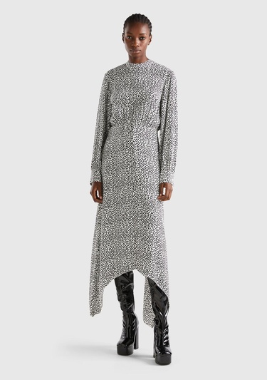  Kadın Yeşil Kazayağı Desenli Uzun Kollu Elbise