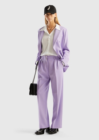  Kadın Lila Poliviskoz Bol Paça Pileli Pantolon