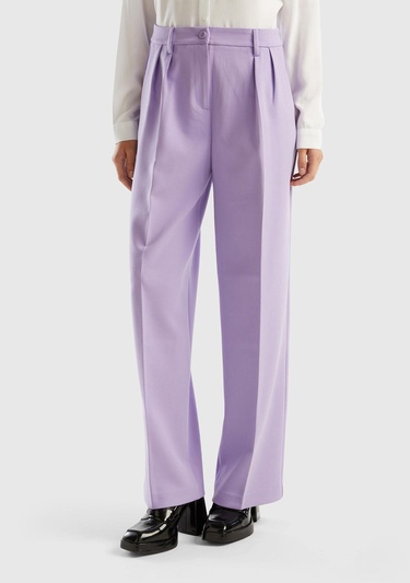  Kadın Lila Poliviskoz Bol Paça Pileli Pantolon