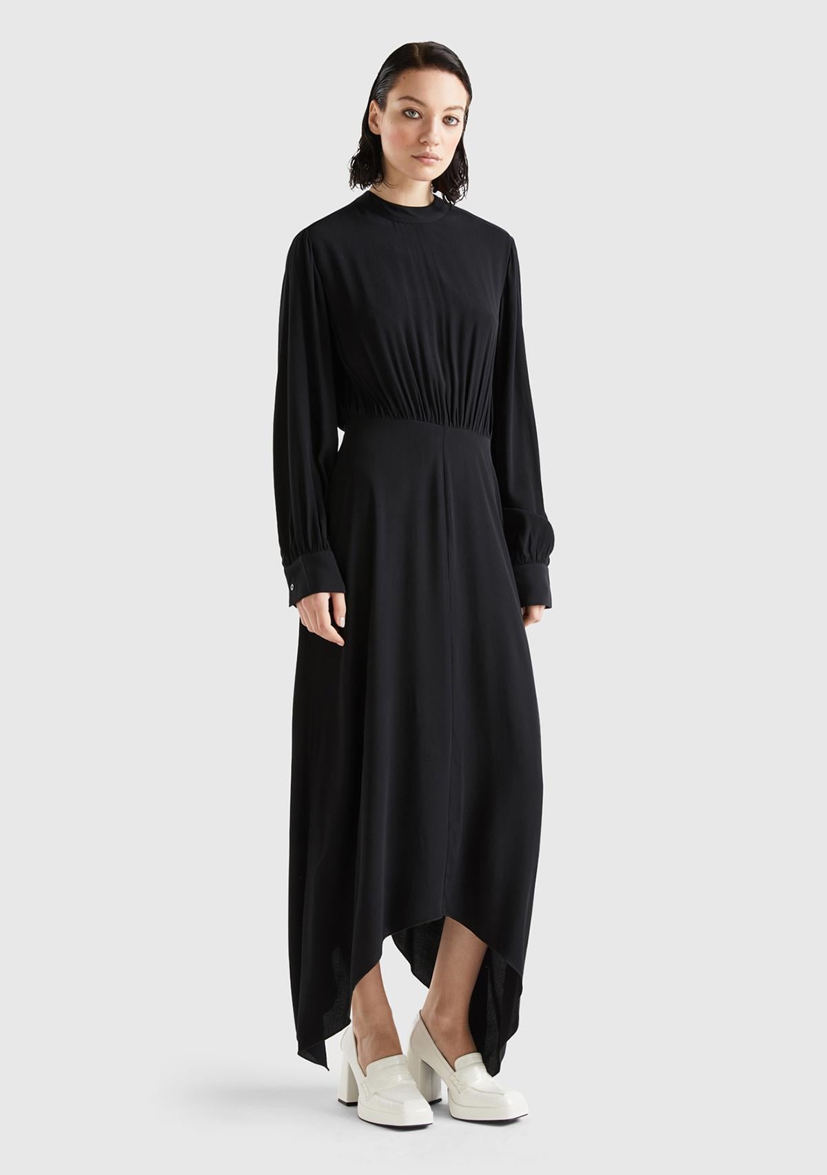  Kadın Siyah %100 Viskoz Uzun Kollu Sırtı Açık Elbise