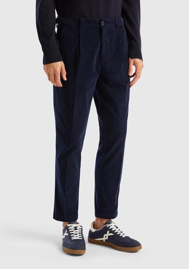  Erkek Lacivert Slim Fit Pileli Kadife Pantolon