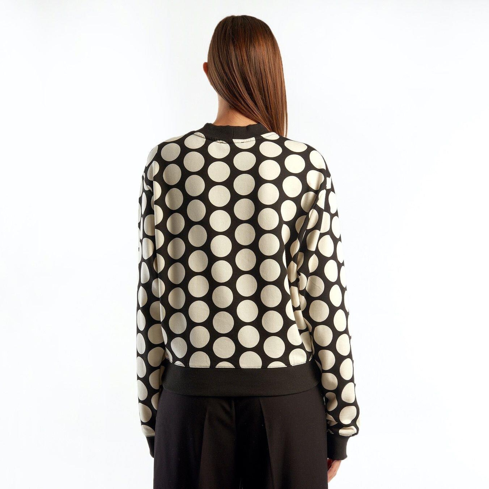 Kadın Siyah Beyaz Puantiyeli  Koton Sweatshirt