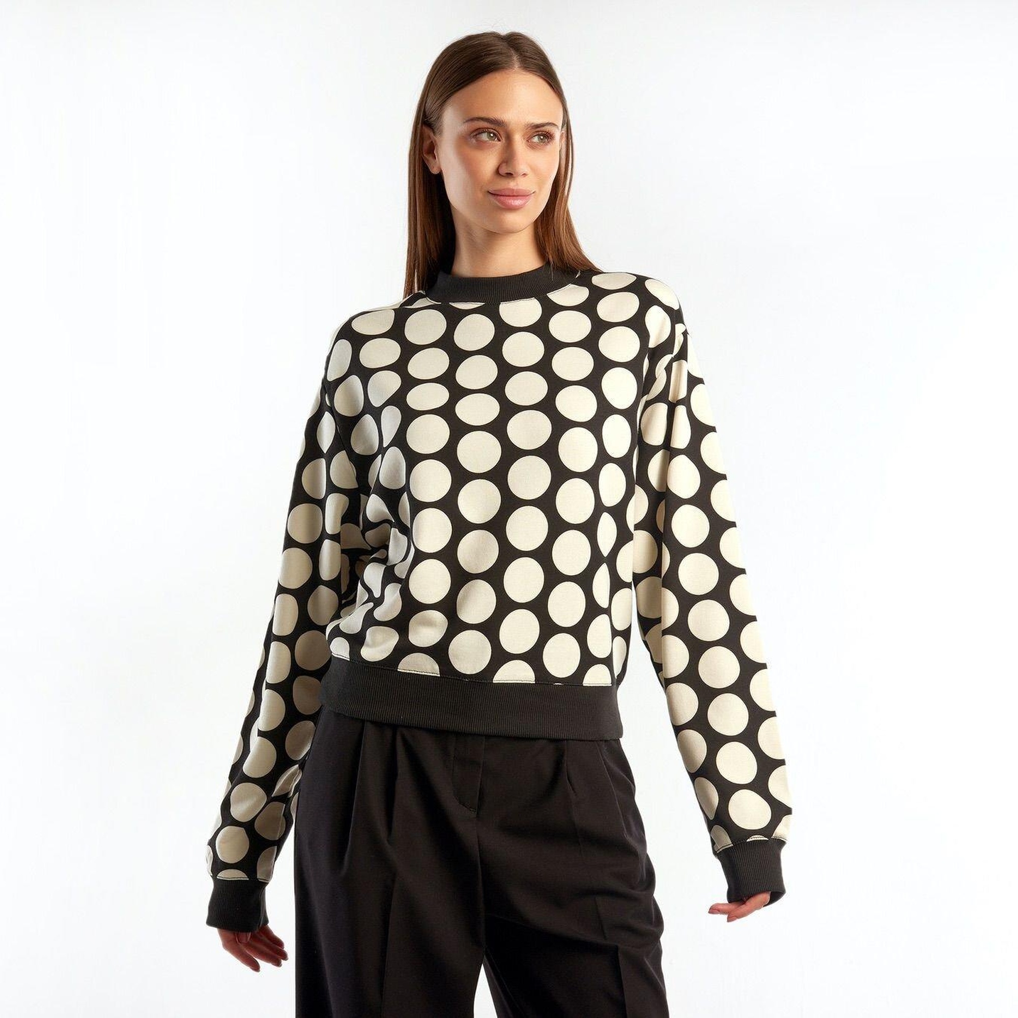 Kadın Siyah Beyaz Puantiyeli  Koton Sweatshirt