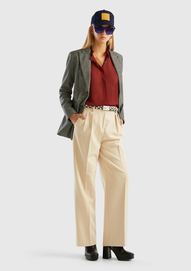  Kadın Bej Poliviskoz Bol Paça Pileli Pantolon