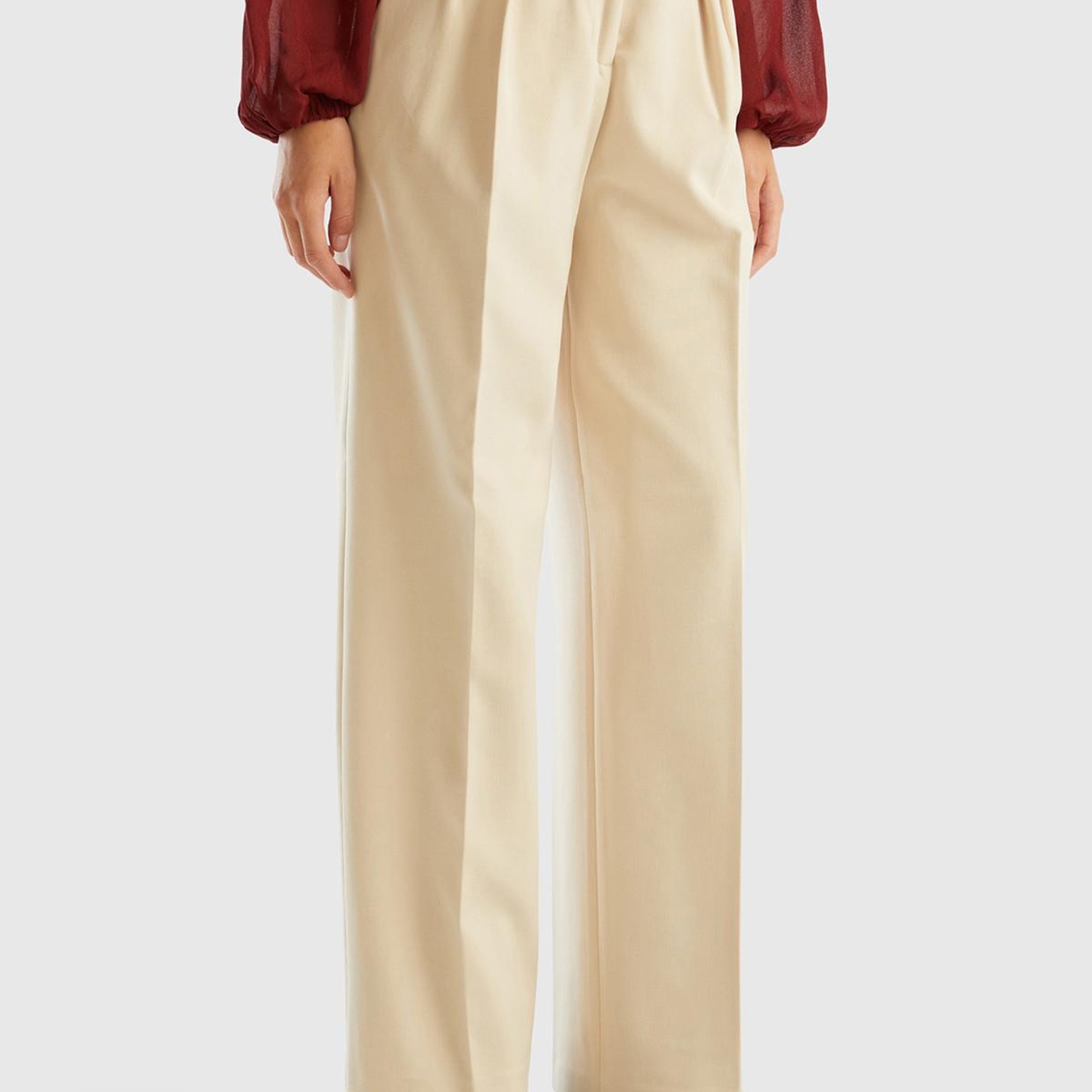 Kadın Bej Poliviskoz Bol Paça Pileli Pantolon