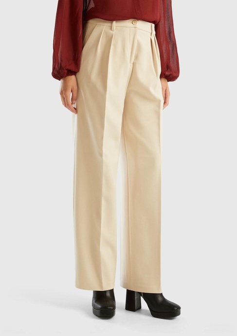  Kadın Bej Poliviskoz Bol Paça Pileli Pantolon